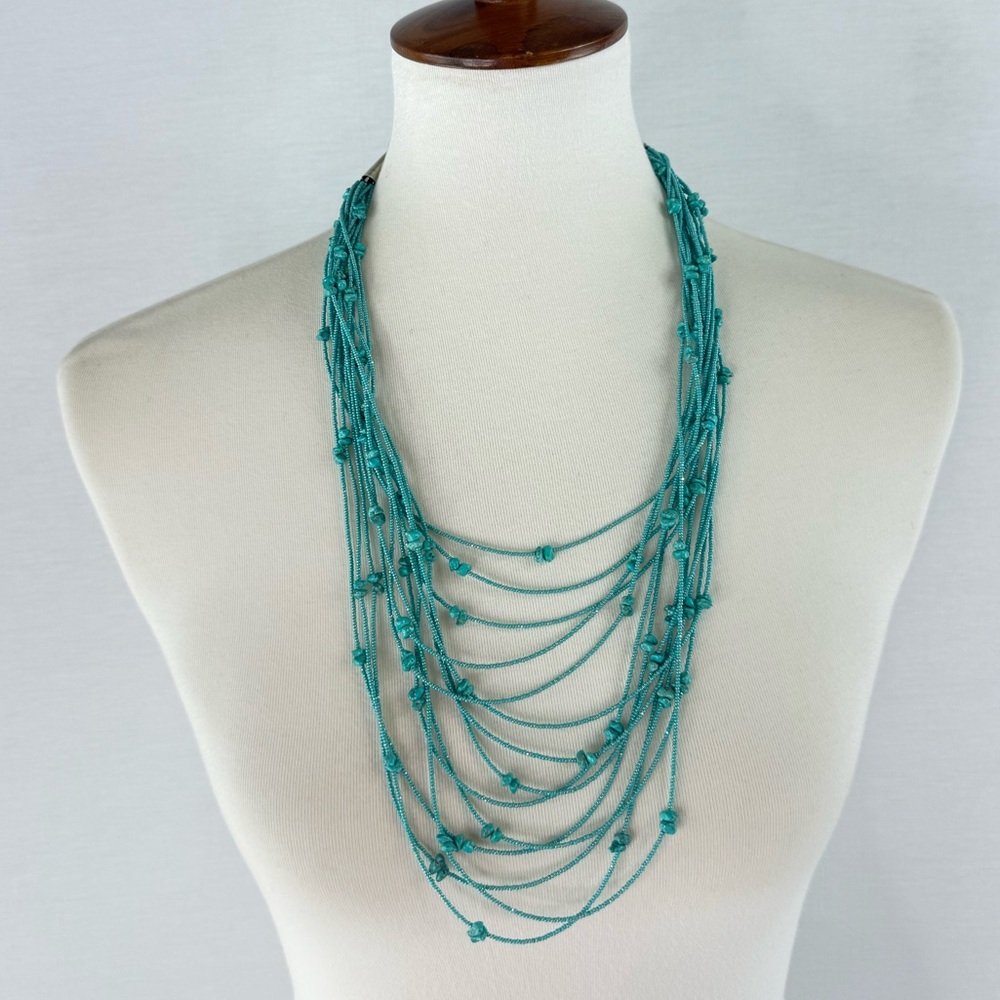 Turquoise Torsade Seed Bead and Nugget Multistrand Beaded Necklace